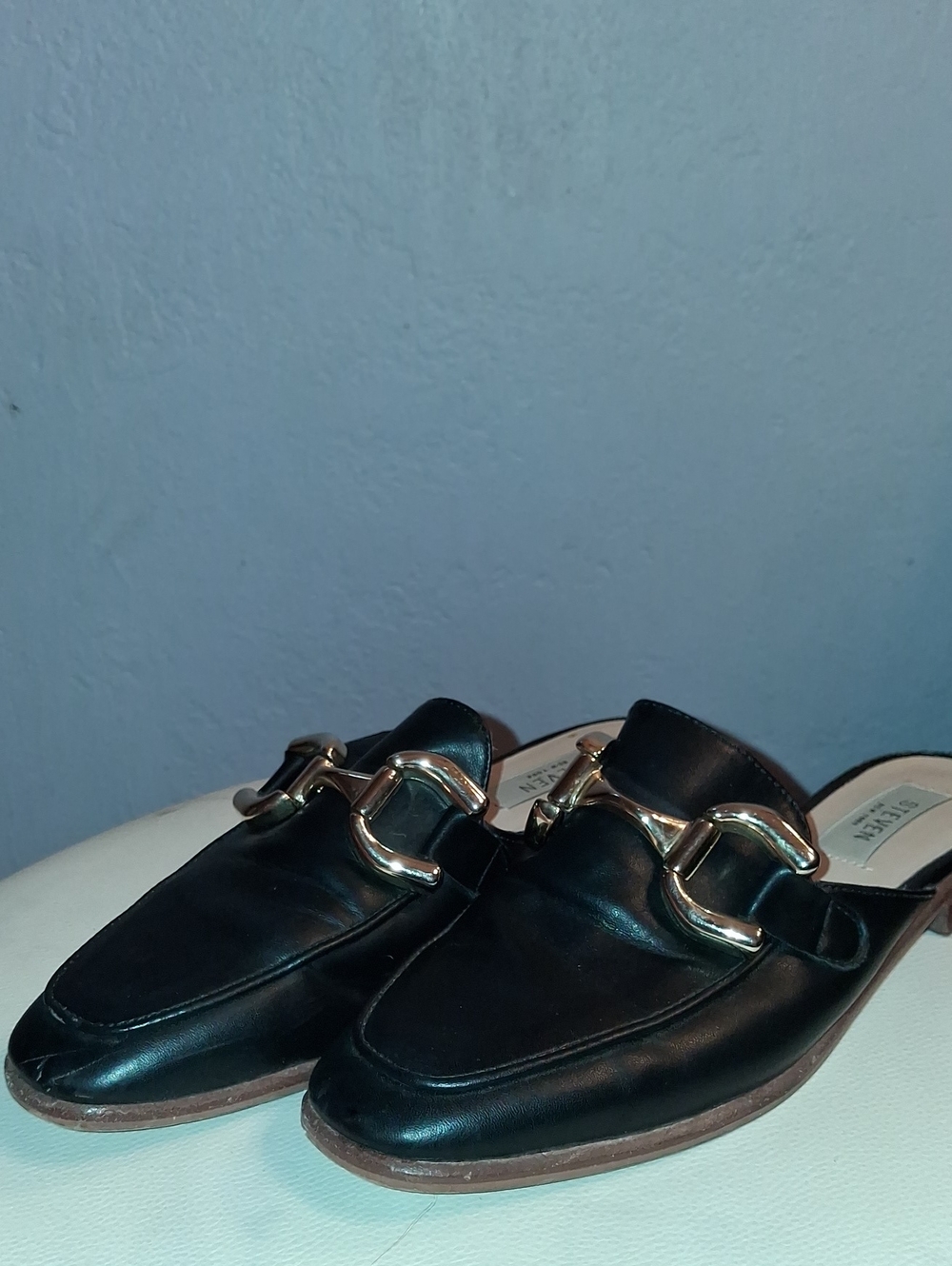 Black Leather Mule Loafers with Gold Bit Detail